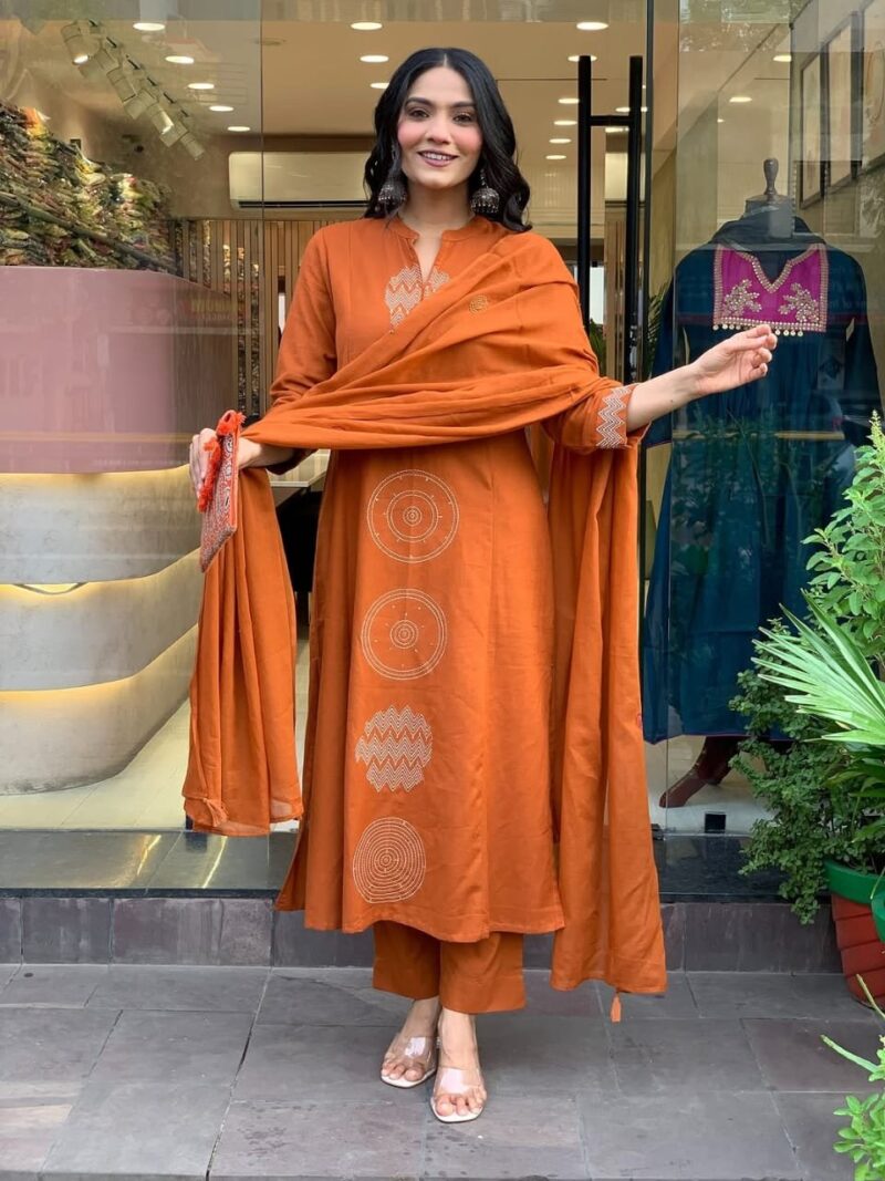COTTON KURTI WITH PENT WITH DUPATTA RUST COLOUR